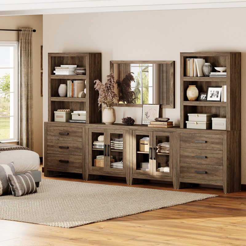 Farmhouse Entertainment Center With Bookshelves, 4-Piece Modular TV Stand With Drawers, Glass Doors, Open Shelves,  Media Console For Living Room, Home Theater, Brown