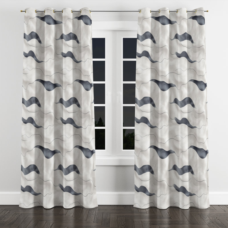 Abstract Curtain panels - Black Air Lines Monochrome Grommet Curtain - 1 Panel, 52" W x 120" L, Gold Grommets