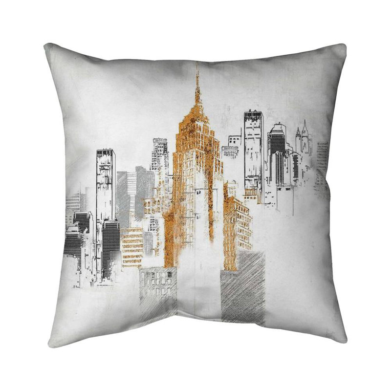Blurry Sketch Style Cityscape Pillow | White – Poly Twill Throw Pillow with Insert, Double-Sided Print