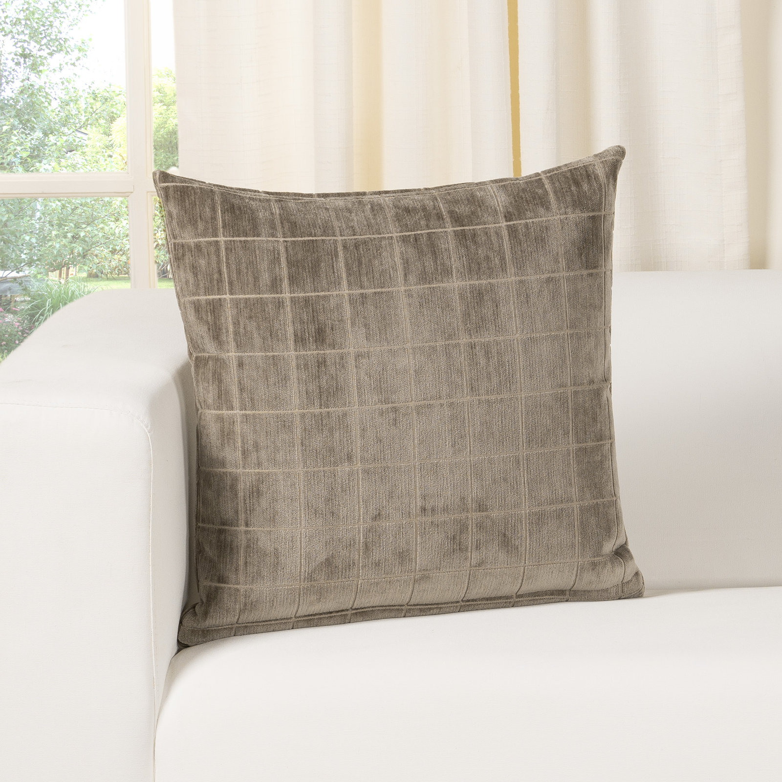 Otterville Velvet Grid Throw Pillow, Mushroom Geometric, 20"H x 20"W, Feather