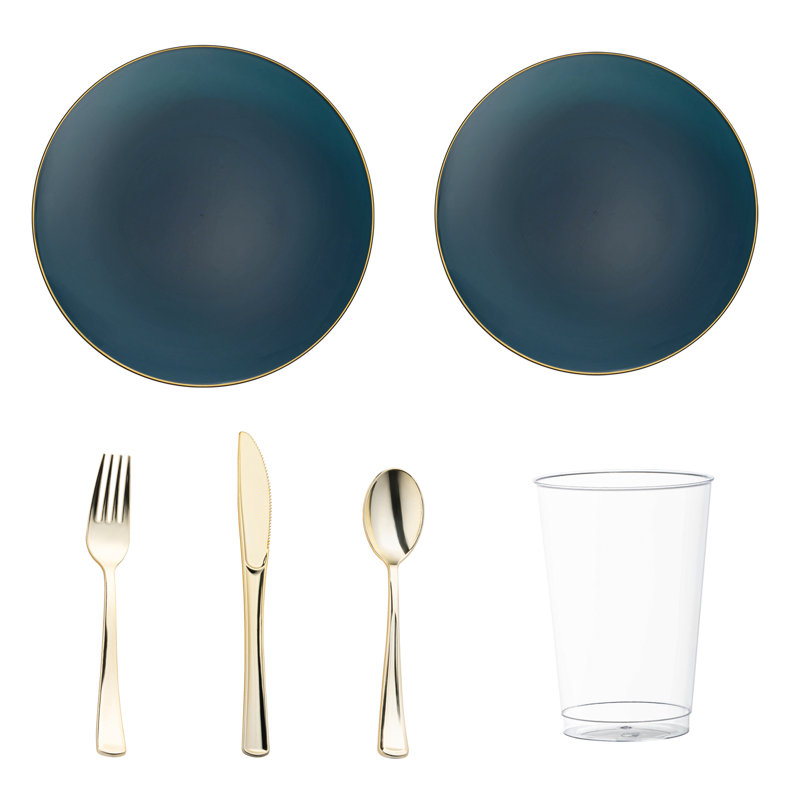 Ensemble de 60 pièces en plastique jetable rond, bleu marine avec bordure dorée, de couleur organique.