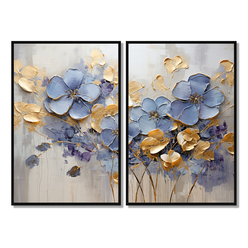 Bleu et or Exquisit Violets I - art mural surdimensionné Violettes, Noir, H 36 po x l 48 po, Impression encadrée flottante