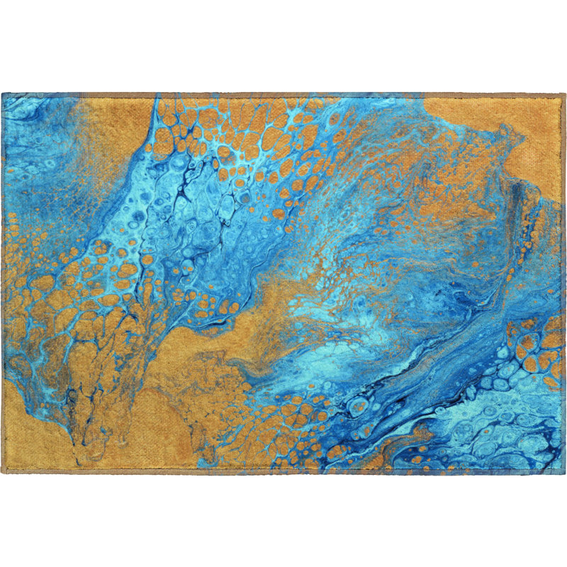 Premium Blue and Gold Abstract Rectangular Washable Rug