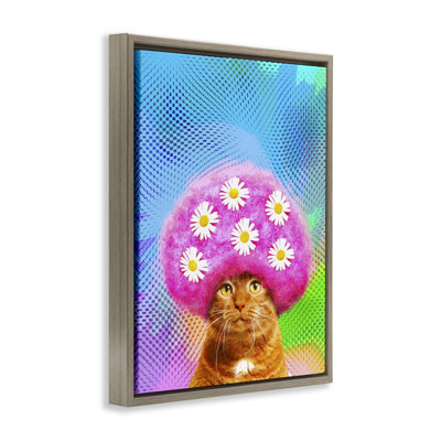 Groovy Daisy Wig Cat Floater Canvas Wall Art by Michael Quackenbush