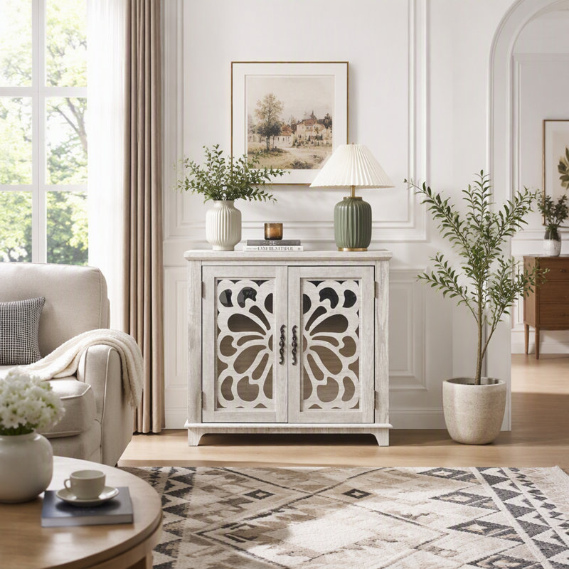 Armoire de rangement autoportante autoportante avec portes sculptées en miroir en acrylique, tablette réglable et comptoir spacieux pour une utilisation polyvalente à la maison