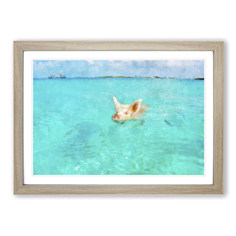 Swimming Pig - Picture Frame Painting, 36cm H x 48cm W x 2cm D, Oak Framed