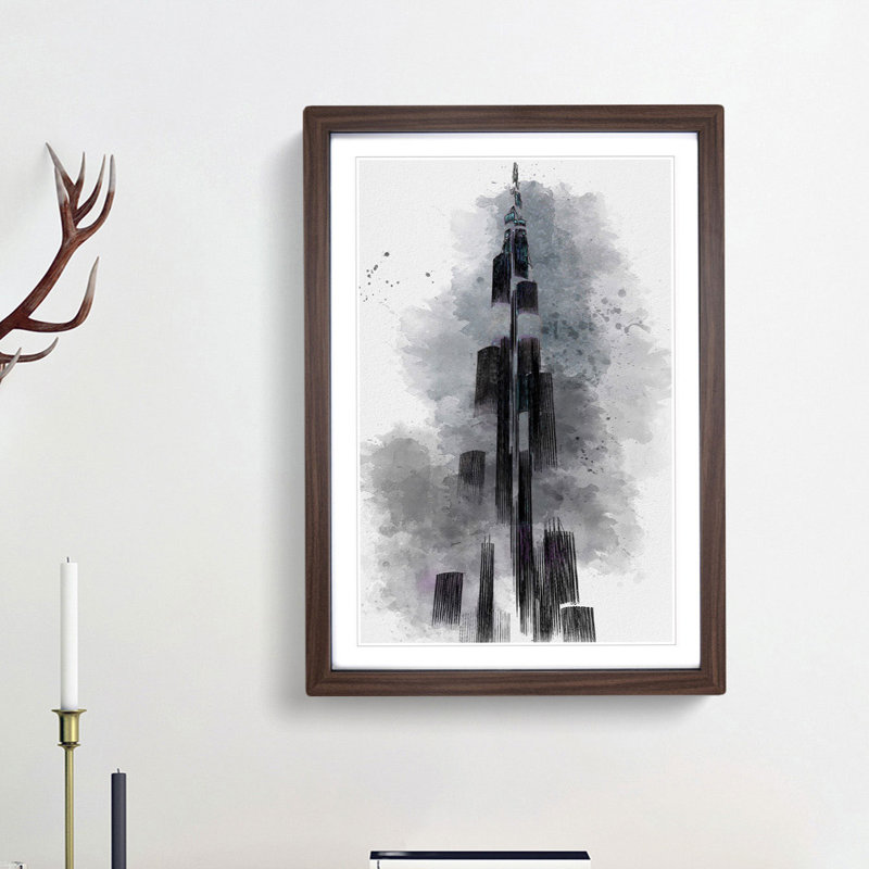 Burj Khalifa in Dubai in Abstract - Picture Frame Graphic Art Print, 36cm H x 27cm W x 2cm D, Walnut Framed