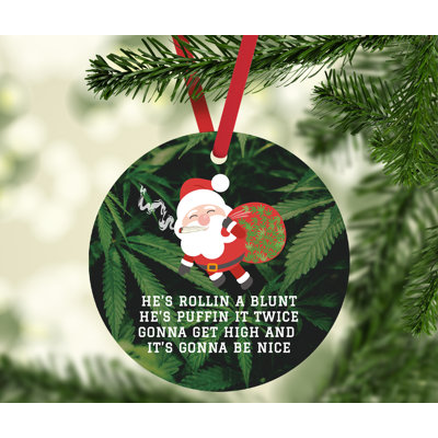 Ornement de Noël rond en métal Funny cannabis