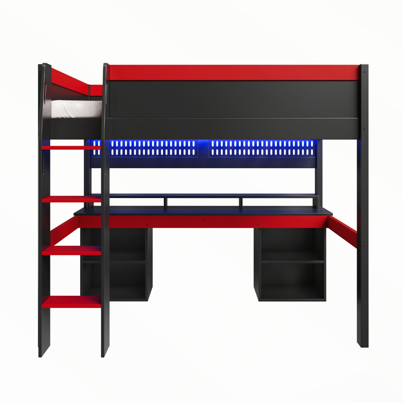 Lit mezzanine avec lumières DEL multicolores, panneau perforé et bureau de jeu intégré, Noir et rouge