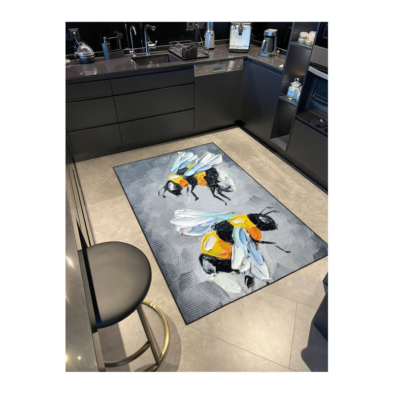 Flying Bee Animal Patterned Woven Base Washable Rug, Rectangle 4'7" x 6'7" Rug Pad Included