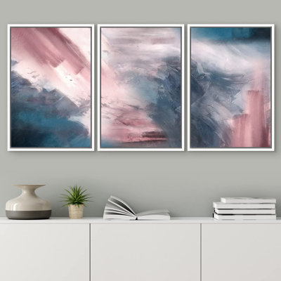 "Aquarelle rose, coup bleu, collage flou, formes abstraites, illustrations, art moderne", 3 pièces