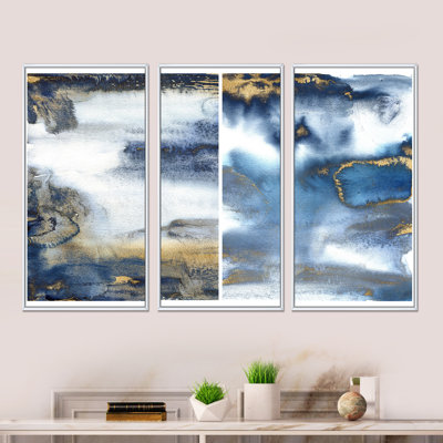 " Dark Blue And Gold Abstract Waves I " 3 - Pieces Painting Print