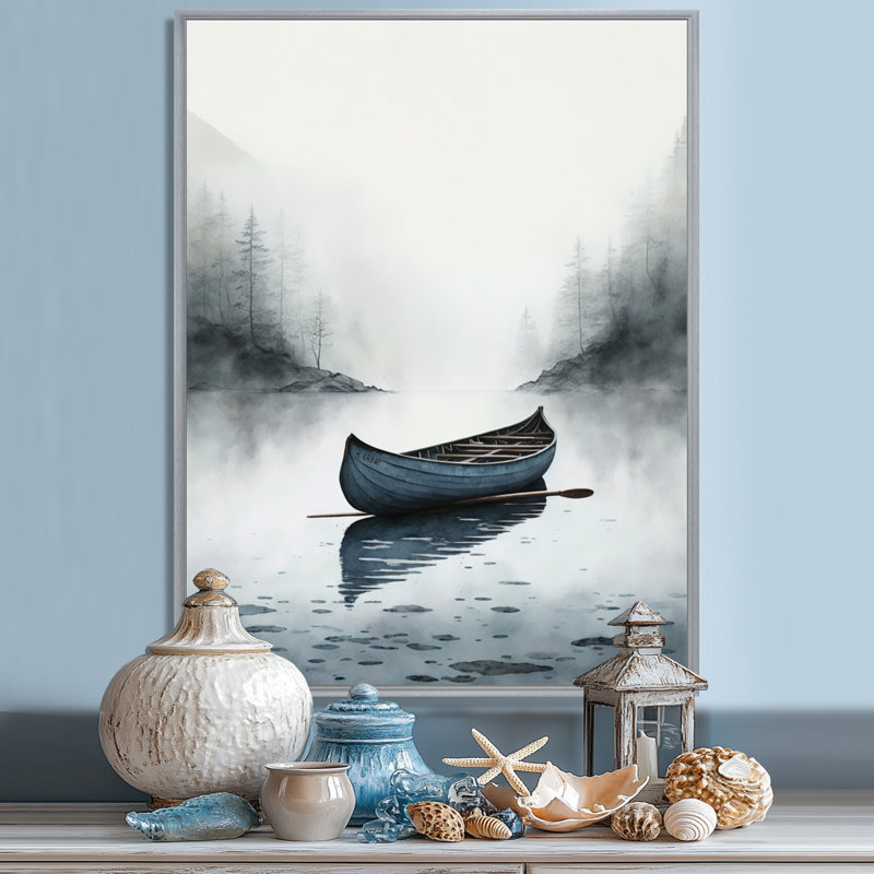 Canot sur le lac I - art mural grand bateau côtier, H 20 po x l 12 po, Encadrement argenté