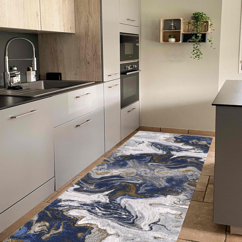 Tapis de couloir doré et bleu 2 pi x 7 pi 956, Tapis de couloir de 2 pi x 7 pi