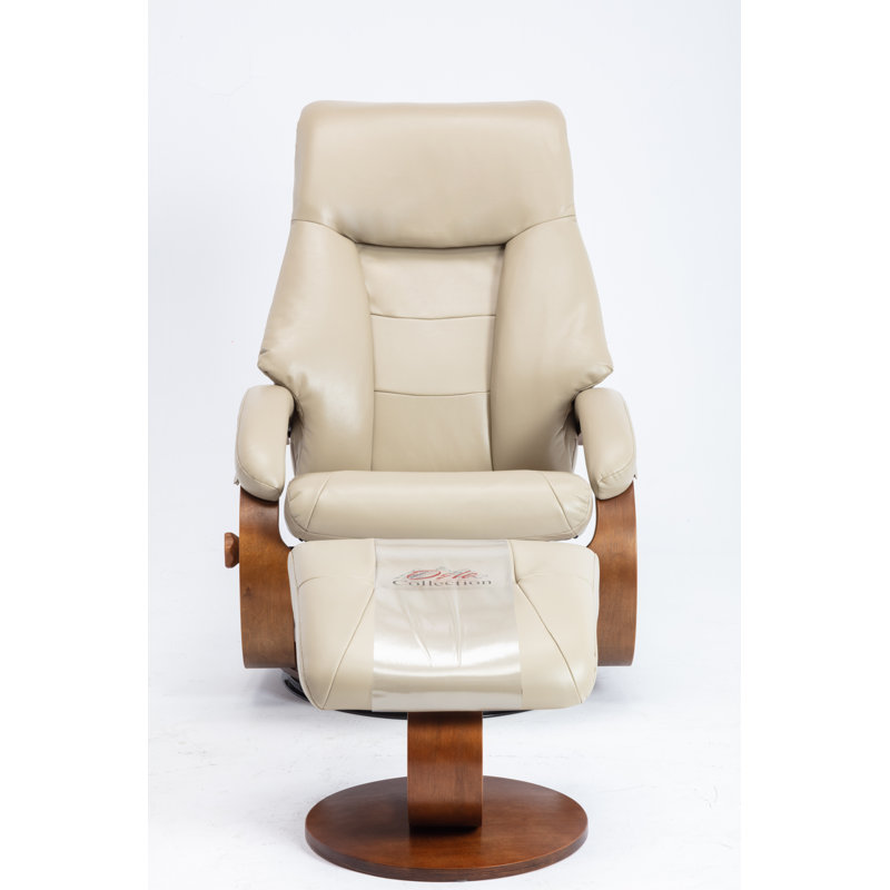 Beige Leather Swivel Recliner with Walnut Base and Ottoman