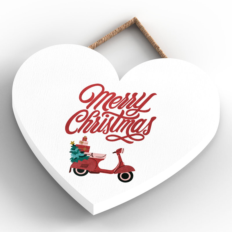 Xmas Merry Christmas Scooter Wooden Heart Plaque, 10cm H x 9cm W x 0.5cm D