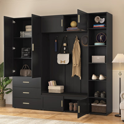 Rangement pour vestibule moderne, armoire de rangement autoportante pour le vestibule avec crochets, banc sans rembourrage, tiroirs et tablettes latérales ouvertes