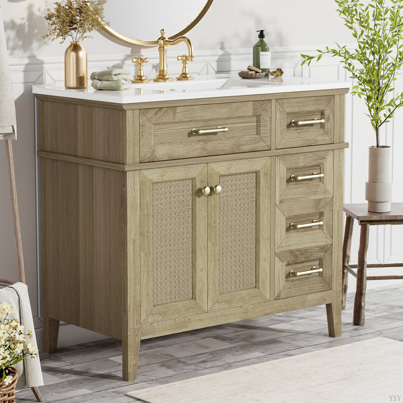Meuble-lavabo de 36 po avec lavabo en céramique, structure en bois d'hévéa, 2 portes à fermeture douce, 1 tiroir rabattable, 1 tiroir peu profond, 1 tiroir profond, tablette réglable, conception peu encombrante pour les petites salles de bain
