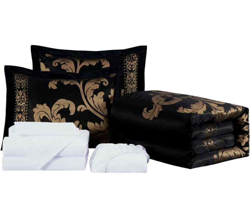 Valor 7-Piece Bed in a Bag Jacquard Floral Comforter Set with Sheets, King Comforter + 4 Additional Pieces, Black/Gold