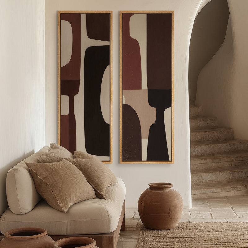 Ensemble de 2 reproductions d'art murales encadrées sur toile de formes Mid-Century géométriques dans des tons chauds de terre 60 po x 20 po x 2 pièces, 60 po x 30 po x 2 pièces