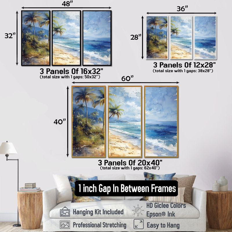 «Blue Green Palm Trees Coastal Breeze I», ensemble d'art mural palmiers et palmiers, Toile encadrée flottée blanche