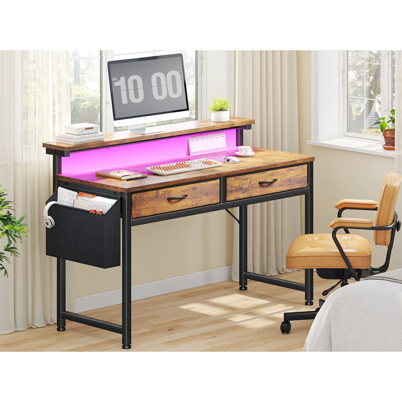 Small Computer Desk With 2 Drawers & LED Lights,Home Office Desks With Side Pocket And Monitor Stand, Brown
