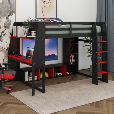 Full Size Loft Bed With Desk And Multi-Storage Shelves, Wood Loft Bed Frame With LED And A Hanging Clothes Rack