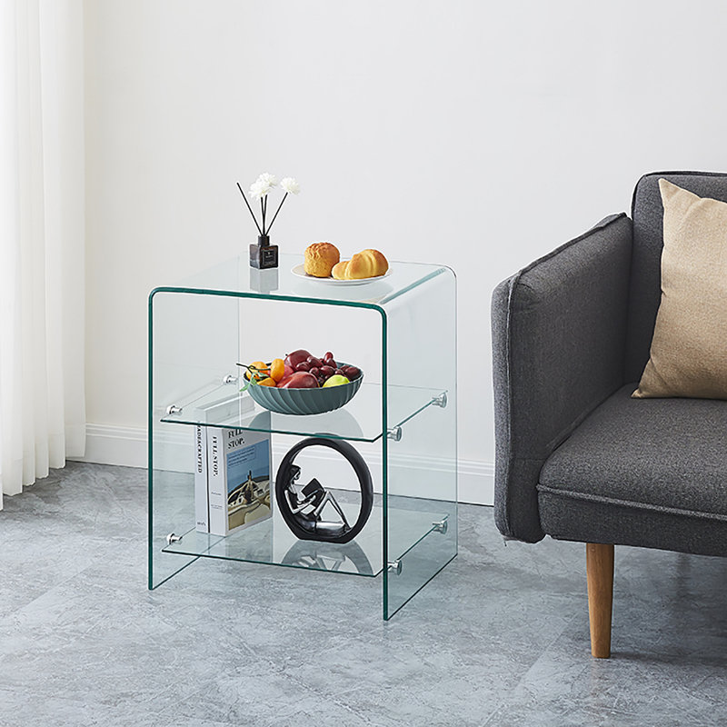 2 Layer Tempered Glass Side Table, Clear Glass Sofa Table