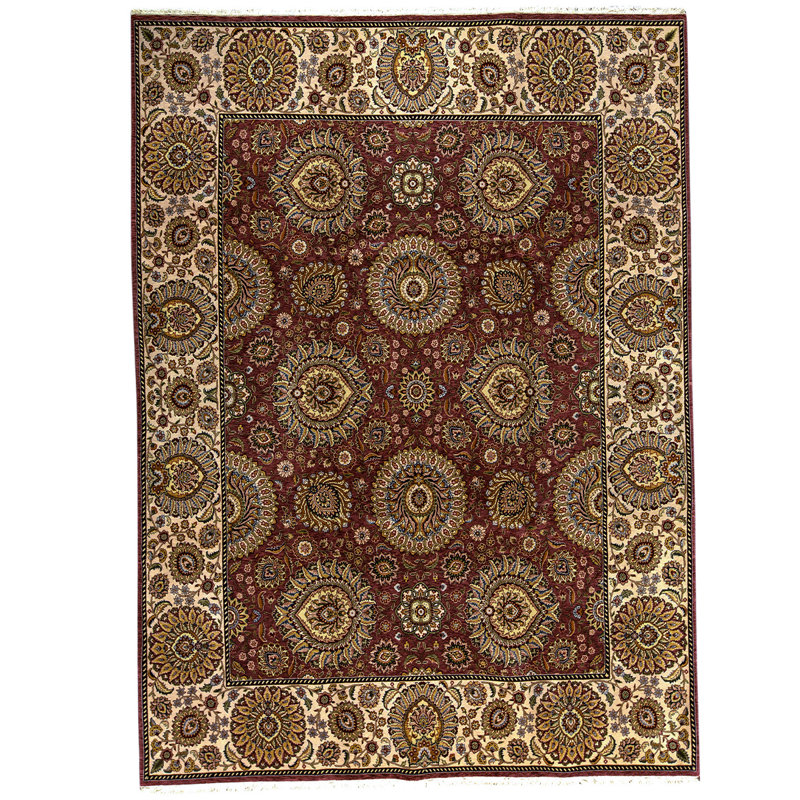 Tapis rouge / brun / ivoire de haute qualité noué à la main