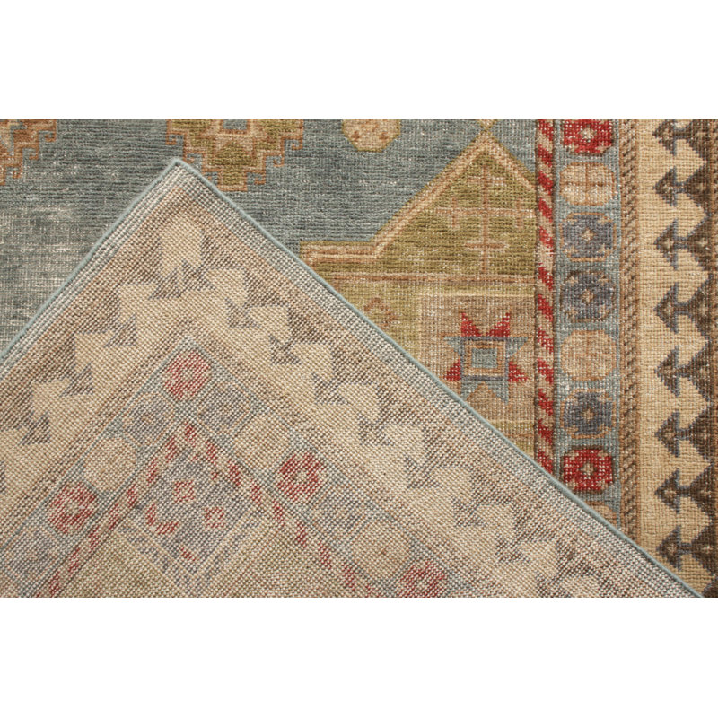 Distressed Homage Hand Knotted Wool Geometric Area Rug in Green, Blue, Beige, Red, Rectangle 10' x 14'