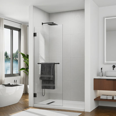 Porte de douche en verre à pivot à fermeture en douceur 34-1 / 2 po x 74 po, verre trempé transparent de 3/8 po (10 mm), porte de douche battante à charnière avec porte-serviettes, panneau de verre simple avec revêtement double face, noir