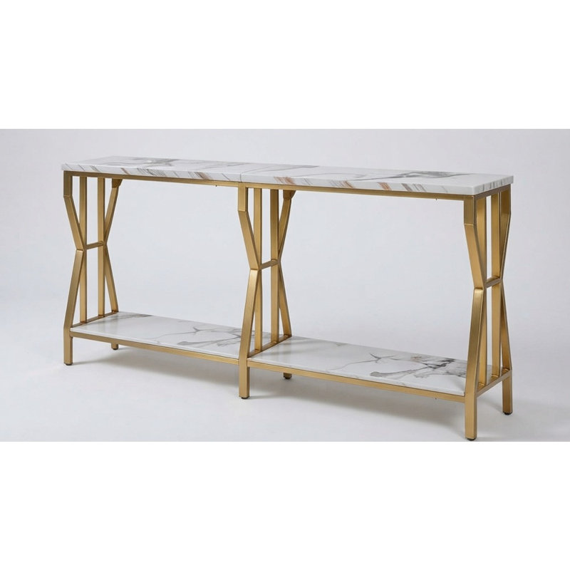 Console extra longue à 2 niveaux de rangement, style industriel, idéale pour passer derrière un canapé, entrée étroite, couloir ou salon, couleur or.