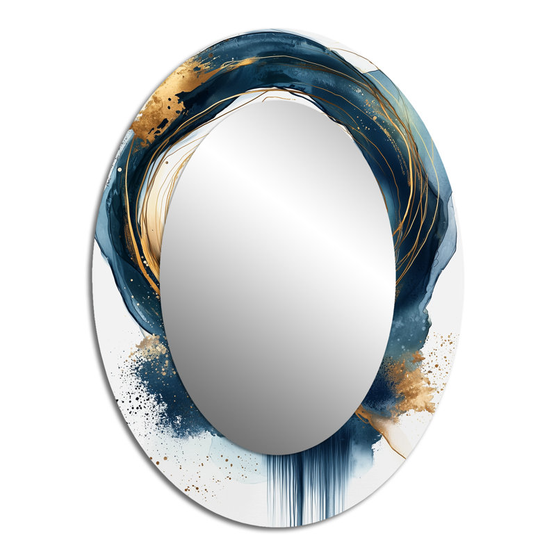 Abstract Gold And Blue Underwater Life III - Abstract Oval Decorative Mirror On Metal, 40" x 30"