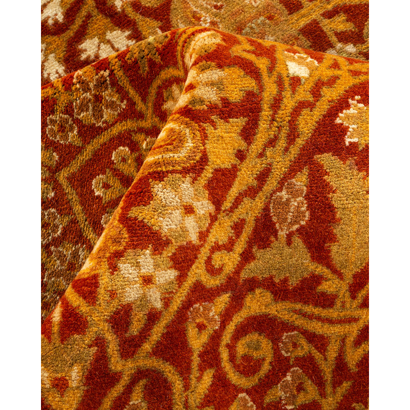 Tapis orange / rouge / ivoire en laine noué à la main de conception unique 5 pi 2 po x 8 pi 10 po New Age