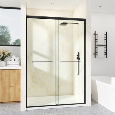  56-61"W x 76"H Semi-Frameless Double Sliding Shower Door | 6mm SGCC Clear Tempered Glass, R5 Beveled Edge Design, Shatter-Resistant Film, Adjustable Rollers, Reversible Handle