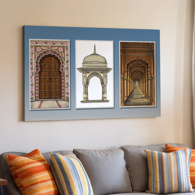 Toile, créer un triptyque visuellement frappant mettant en vedette trois éléments architecturaux ornés inspirés de l'art indien traditionnel sur toile