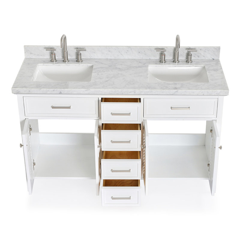 Ensemble de meuble-lavabo double 61 po Hamil, blanc, Marbre blanc de Carrare, Forme rectangulaire