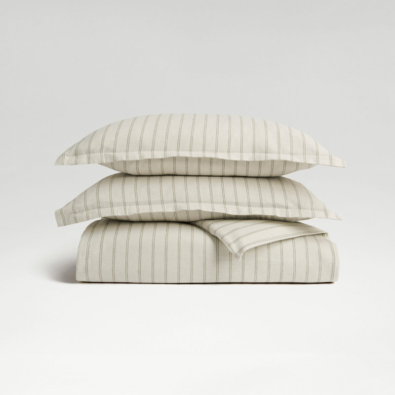 Flannel Stripe Duvet Cover Set, Oat, Queen Duvet Cover + 2 Standard Pillowcases