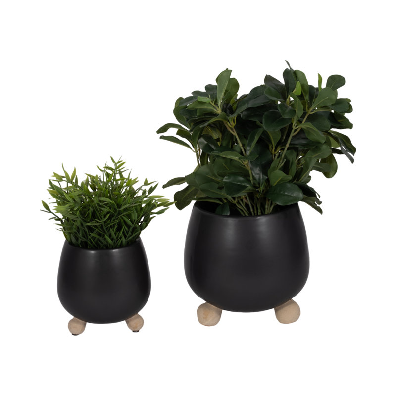 Ereka Stoneware and Ceramic Footed Round Planters with Triple Ball Base Design Set of 2, Black
