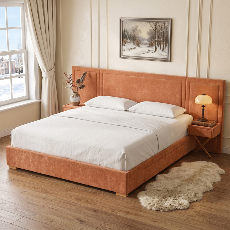 Modern Wide-Panel Upholstered Bed, King, Orange Velvet, King, Orange