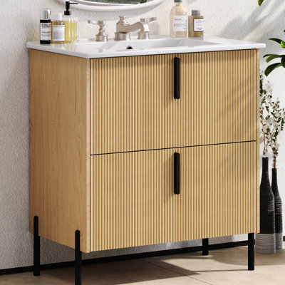 Meuble-lavabo de 30 pouces avec lavabo en céramique, tiroirs d'extension, glissières à fermeture en douceur, conception cannelée, couleur naturelle - convient aux espaces moyens, meuble-lavabo avec rangement à tiroir unique,