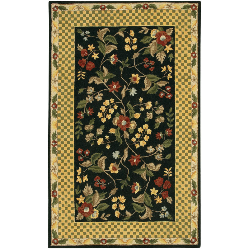 Frias Authentic Hand-Tufted Handmade Black, Yellow & Green Modern Floral Wool Area Rug, Rectangle 2' x 3', Black/Yellow/Green