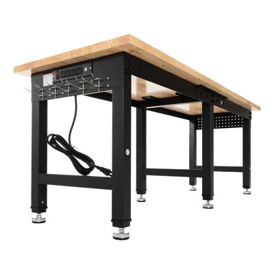Réglable d'une capacité de 2268 kg (5000 lb), plateau en chêne de 244 x 61 cm (96 x 24 po), 4 prises de courant, 2 ports et rangements intégrés pour la maison, le garage ou l'atelier.