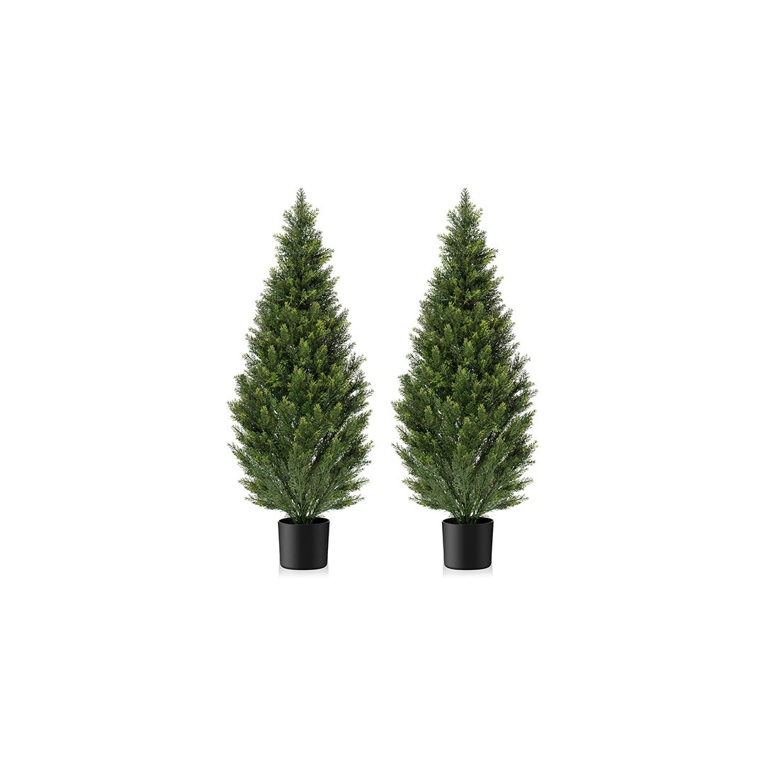 4FT Artificial Cedar Topiary Trees (Set Of 2) – UV Resistant Fake Outdoor Plants With Ground Spikes For Porch, Garden, Privacy