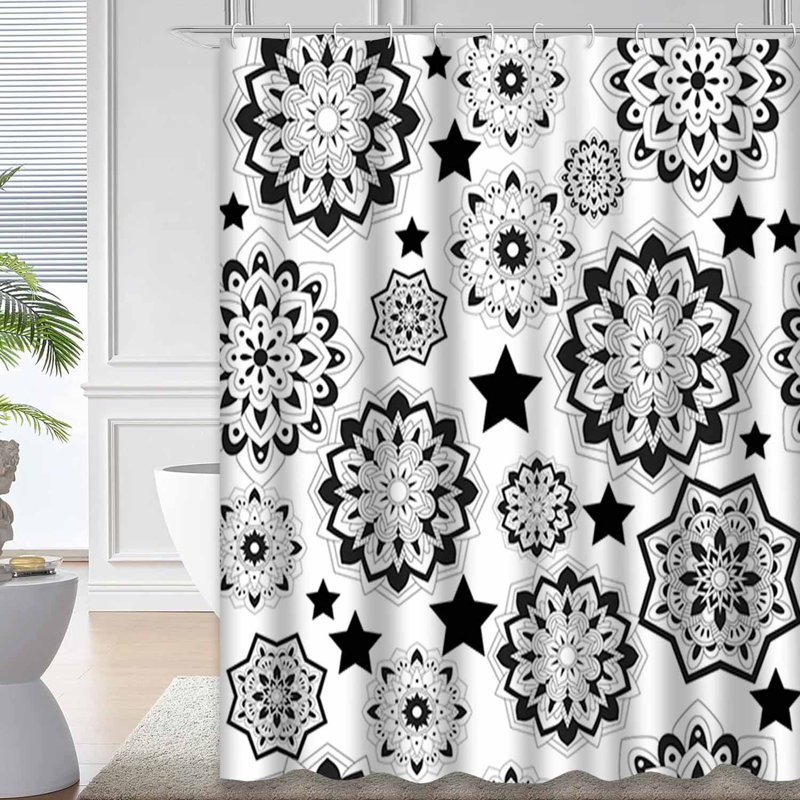 Rideau de douche imperméable psychédélique sans couture noir et blanc avec 12 crochets, L 72 po x l 78 po