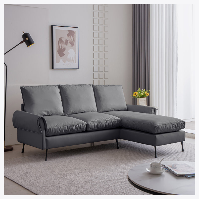 Canapé modulaire en L 81 po avec méridienne réversible en cuir technique 81 po, Similicuir gris foncé