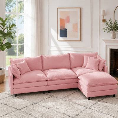 L-Shaped Cloud Modular Sectional Sofa with Movable Ottoman, Chenille Upholstery, Pink