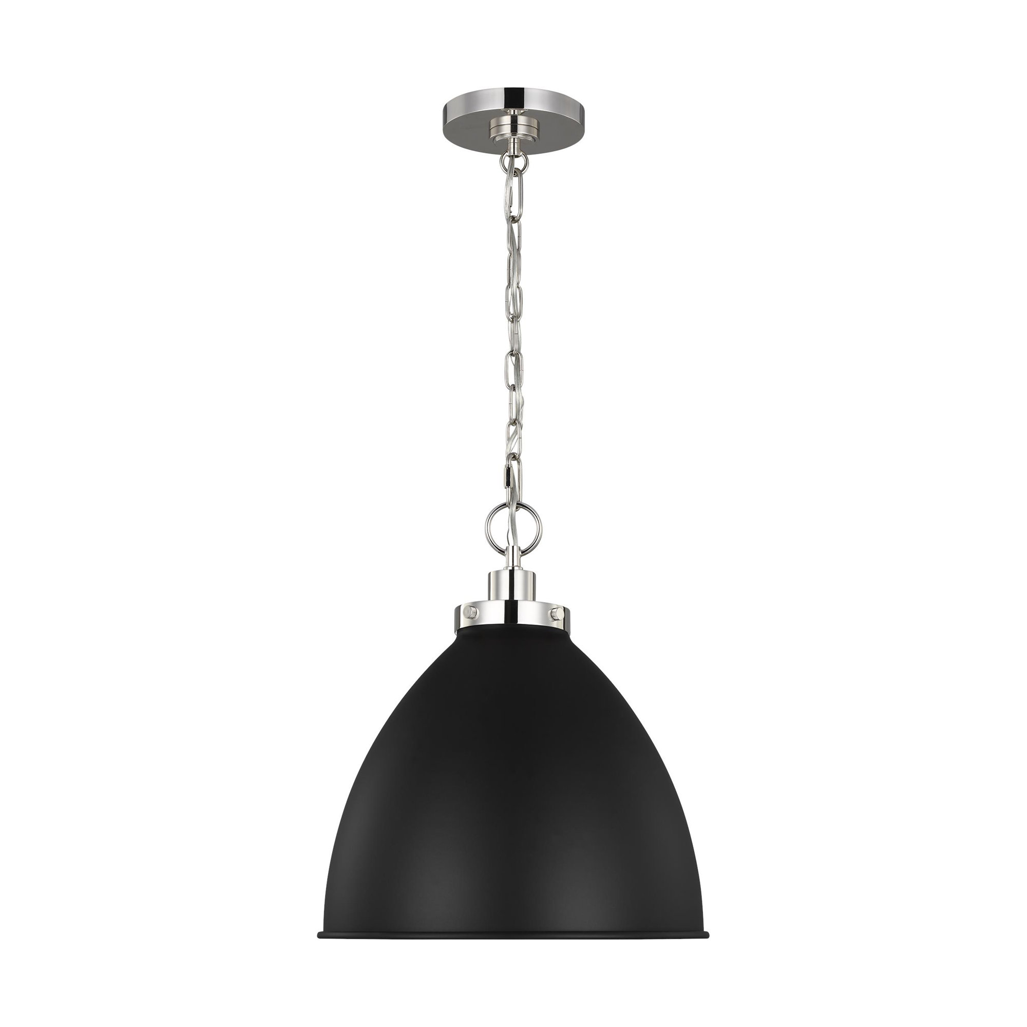 Single Light Metal Dimmable Pendant, Polished Nickel, 13.5" H x 15.625" W x 15.625" D, Midnight Black