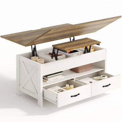 Lift Top Coffee Table With Hidden Storage,Two Drawers And One Open Shelf,Farmhouse Wood Coffee Table For Living Room And Home Office by Ophelia & Co.