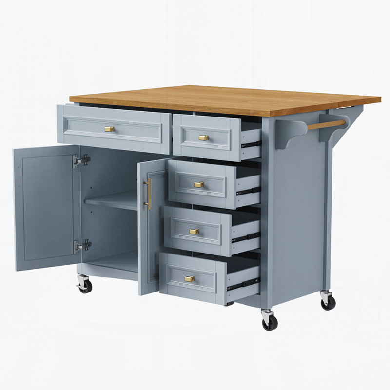 52'' Kitchen Island With Drop Leaf, Embossed Texture Kitchen Island On Wheels With Spice Rack, Towel Rack, 2 Doors And 5 Drawers